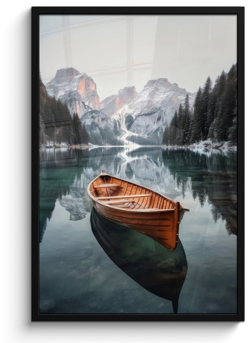 FrameYourWall Poster in lijst - Fotolijst 60x90 cm - Posters - Boot - Bergen - Natuur - Water - Posterlijst zwart - Decoratie - Wanddecoratie woonkamer - Muurdecoratie slaapkamer