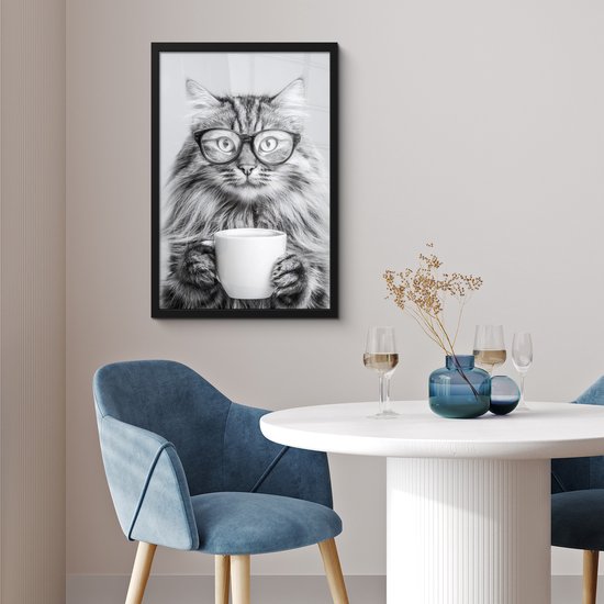 Affiche encadrée - Cadre photo 40x60 cm - Posters - Chat - Verres - Mug - Duveteux - Cadre poster noir - Décoration - Décoration murale salon - Décoration murale chambre
