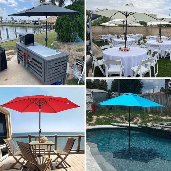 Collage met vier afbeeldingen: parasols bij een buitenkeuken, gedekte tafels, aan zee en in een zwembad.