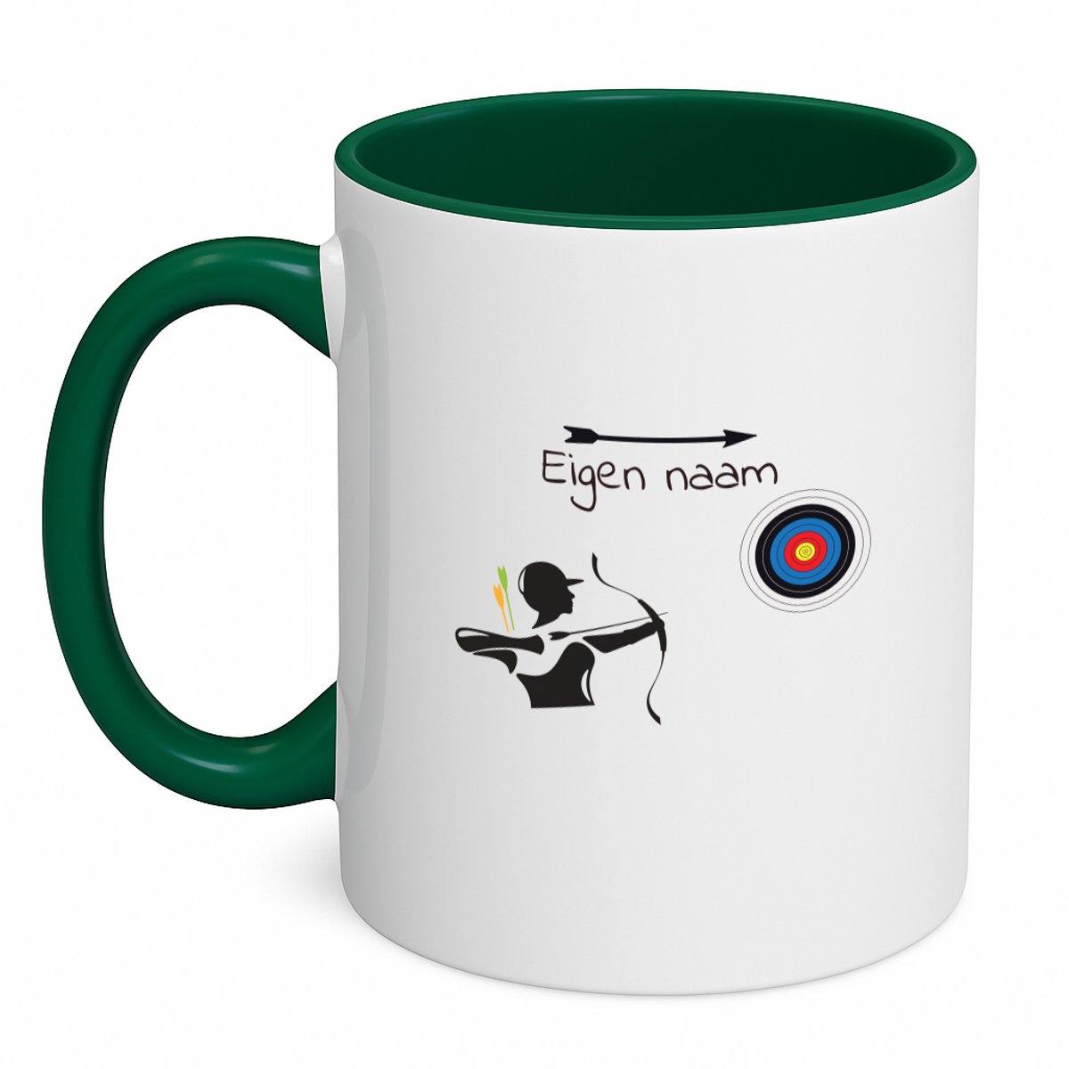 Hacebo® - Boogschieten met naam - koffiebeker donker groen - Sport - Boogschieters - thee mok - koffie beker - Cadeau - Verjaardag - Geschenk - Gepersonaliseerde Jongens en meisjes - koffiemok - 350 ML inhoud