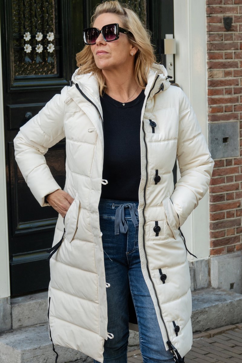 Lange Crème Winterjas Dames - Gewatteerd en Getailleerd - Maat 40