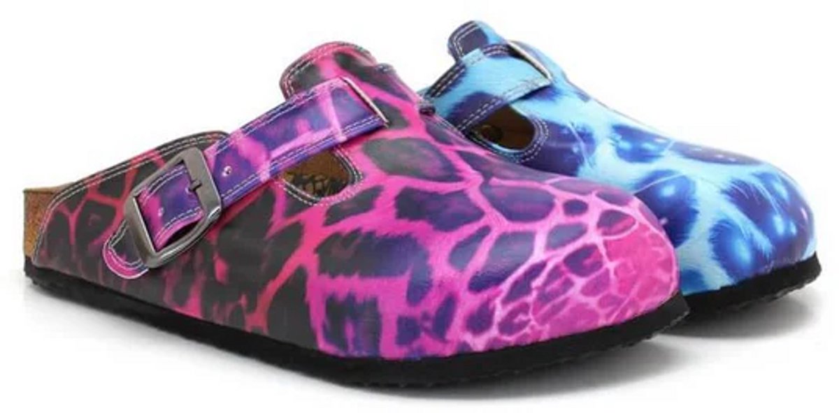 GOBY Dames Clogs Paars en Blauw Luipaardprint Handgemaakt Vegan Leer Comfortabele Kurken Zool