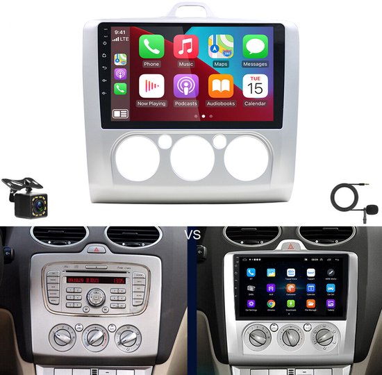 Autoradio-Android 13 autoradio met GPS-navigatie 2+32G voor Ford Focus MK2 MK II 2004-2011, ingebouwde draadloze verbinding voor CarPlay, Android Auto, 9-inch autoradio met Bluetooth, wifi, FM-radio, SWC, Mirror Link en AHD-achteruitrijcamera.