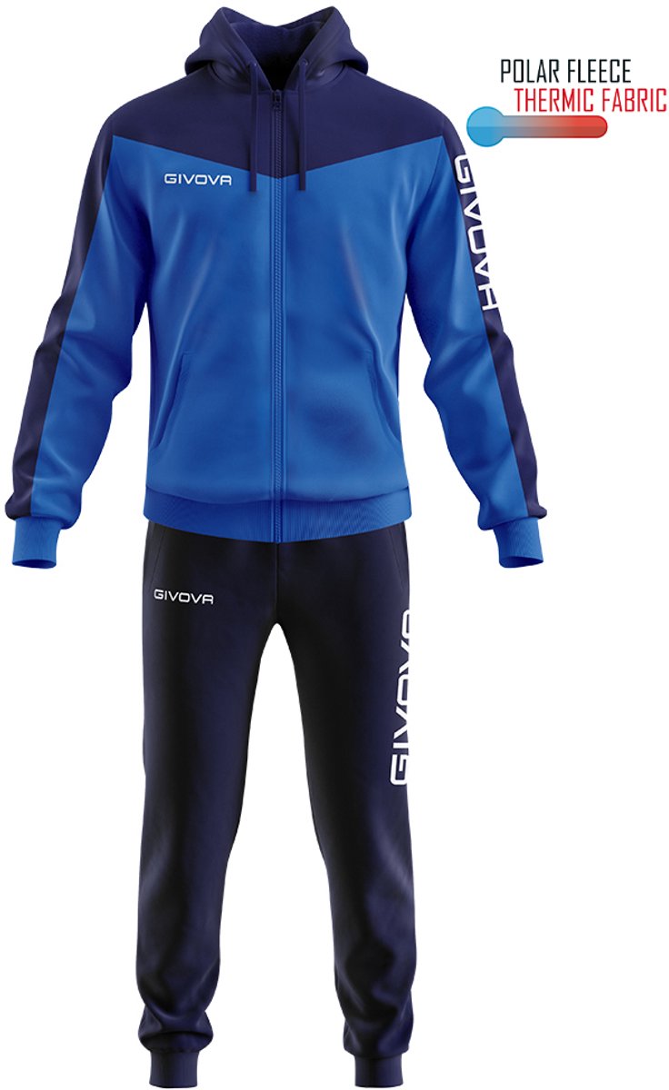 GIVOVA Roma trainingspak voor mannen in blauw, met een hoodie en trainingsbroek, gemaakt van thermisch fleece.