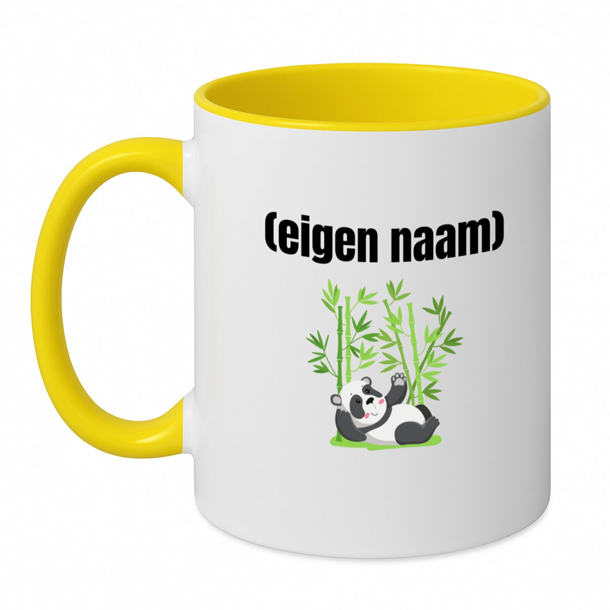 Hacebo® - liggende panda en bamboe met eigen naam koffiebeker geel - Panda - panda liefhebbers - thee mok - koffie beker - iemand die houdt van panda's - verjaardag - cadeau - kado - koffiemok - 350 ML inhoud