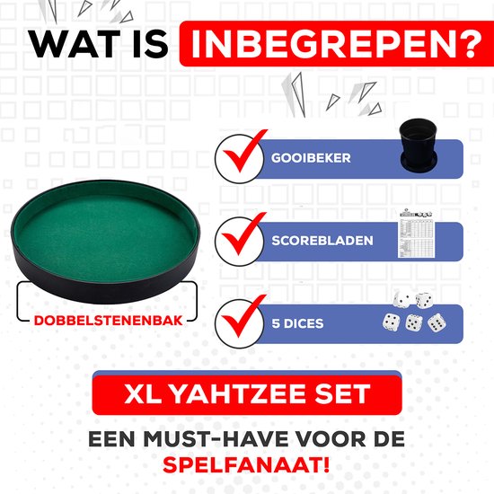 Uitleg Yahtzee set: dobbelbeker, scorebladen en 5 dobbelstenen op een groene bak. XL Yahtzee set voor spelletjesfanaten.