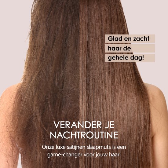 Vergelijking van haar vóór en na het dragen van de satijnen slaapmuts: van pluizig naar glad en zacht.