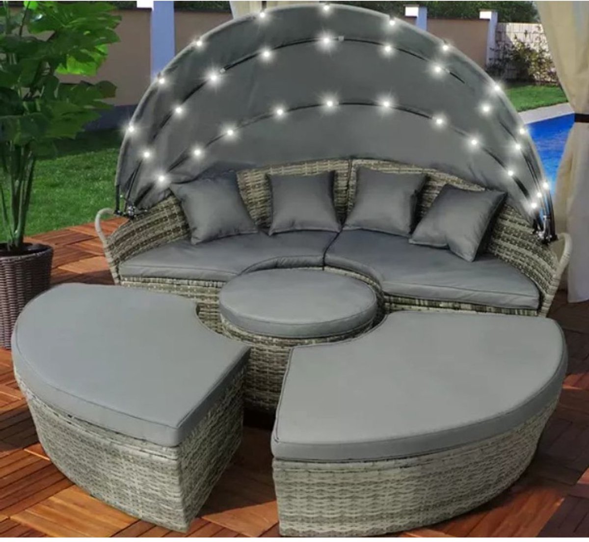 Yolo-deals - Polyrattan Lounge eiland met LED verlichting - Solar - 210cm - Inclusief kussens - UV bestendig - Grijs
