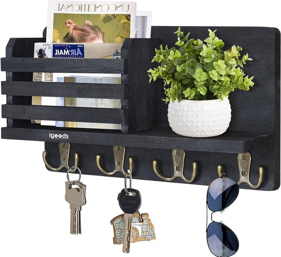 Porte-clés Igoods - Porte-clés - Boîte à clés - Avec boîte aux lettres et étagère - 8 crochets - Décoration murale - Bois - Zwart