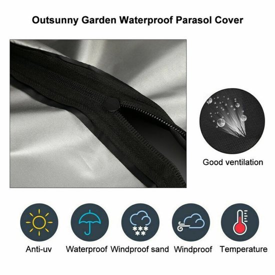 Close-up van de rits van een zwarte parasolhoes, met icoontjes voor ventilatie, UV-bescherming, waterdicht, winddicht en temperatuur.