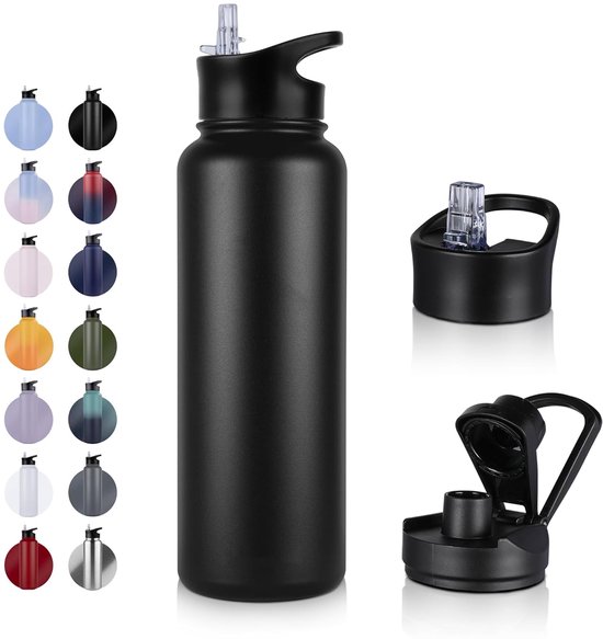 Geïsoleerde waterfles - 1200 ml - rietjesdeksel en uitloopdeksel - roestvrij staal - dubbelwandig