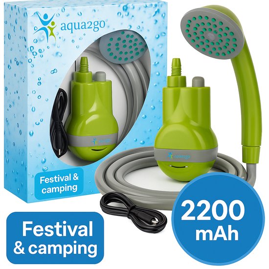 Aqua2go Camping Douche met Douchekop - Campingdouche - Buitendouche Camping met Oplaadbare Accu 2200mAh - Buitendouche Festival - Kamperen Reisdouche - Oplaadbare Mobiele Douche Tuin - Auto - Huisdier