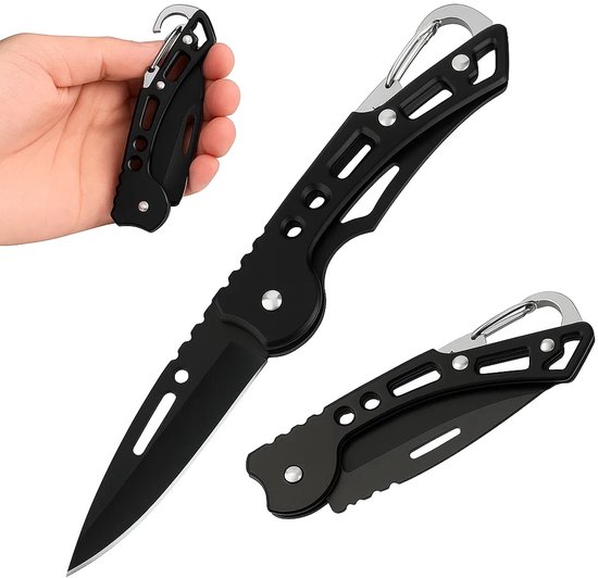 Couteau de poche de Survie avec mousqueton | Couteau de chasse | Couteau de Camping et de plein air | Couteau pliant | 15 cm | Zwart