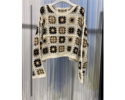 Gehaakte dames top – bohemian stijl – retro vierkant patroon – zwart/bruin/crème - een maat- trui- dames trui- dames top Gehaakte dames top – bohemian stijl – retro vierkant patroon – zwart/bruin/crème - een maat- trui- dames trui- dames top