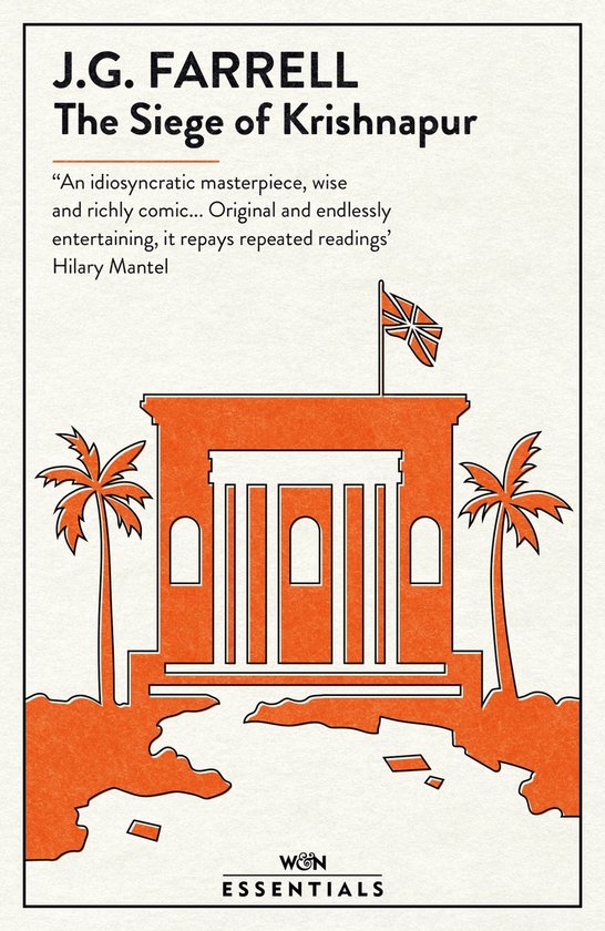 Boekomslag voor 'The Siege of Krishnapur' door J.G. Farrell. Met oranje illustratie van een gebouw met zuilen, palmbomen en een vlag.