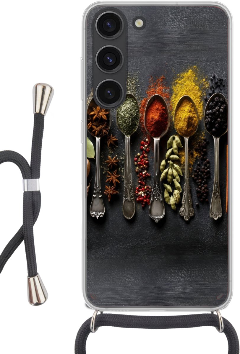 Telefoonhoesje Geschikt voor Samsung Galaxy S23 - Lepels - Specerijen - Kaneel - Chili - Siliconen - Crossbody - Backcover met Koord - Telefoonhoesje met koord - Hoesje met touw Telefoonhoesje