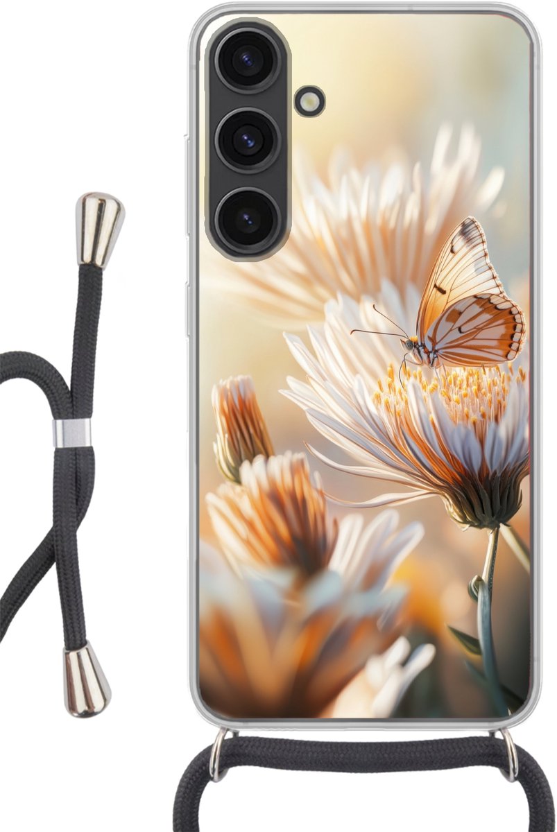Telefoonhoesje Geschikt voor Samsung Galaxy S24 Plus - Vlinder - Bloem - Oranje - Siliconen - Crossbody - Backcover met Koord - Telefoonhoesje met koord - Hoesje met touw Telefoonhoesje