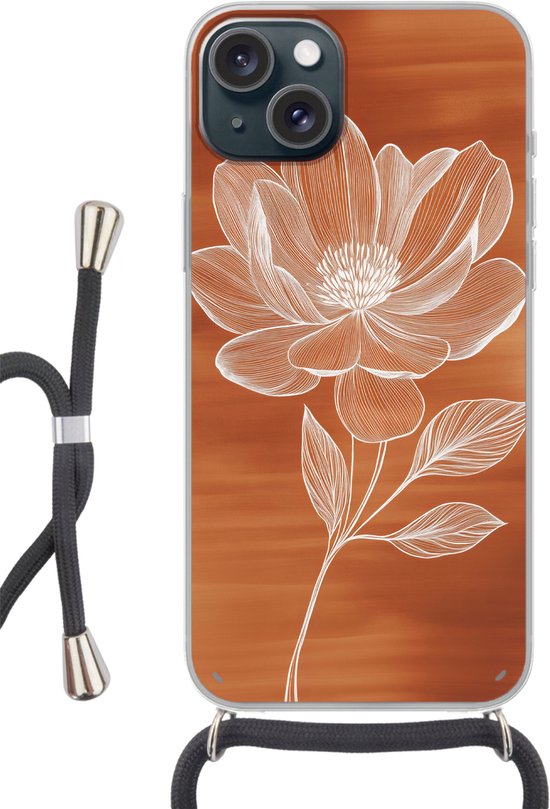 Coque de téléphone compatible avec iPhone 15 - Bloem - Minimaliste - Wit - Siliconen - Bandoulière - Coque arrière avec cordon - Coque de téléphone avec cordon - Coque avec corde