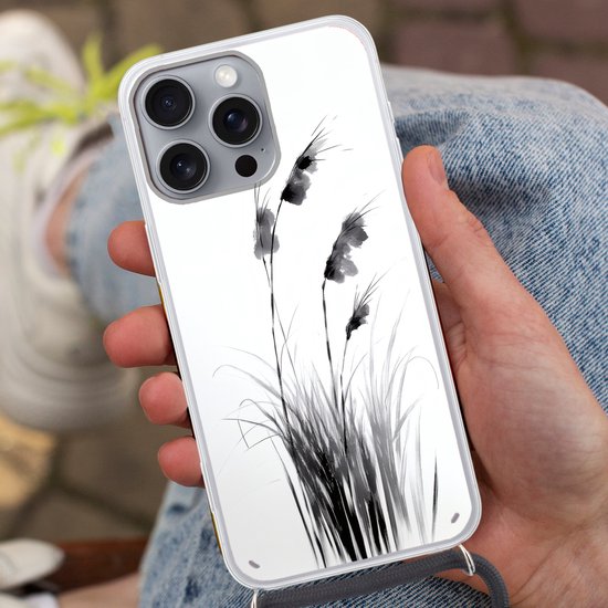 Telefoonhoesje Geschikt voor iPhone 16 Pro Max - Minimalistisch - Stelen - Wit - Siliconen - Crossbody - Backcover met Koord - Telefoonhoesje met koord - Hoesje met touw Telefoonhoesje