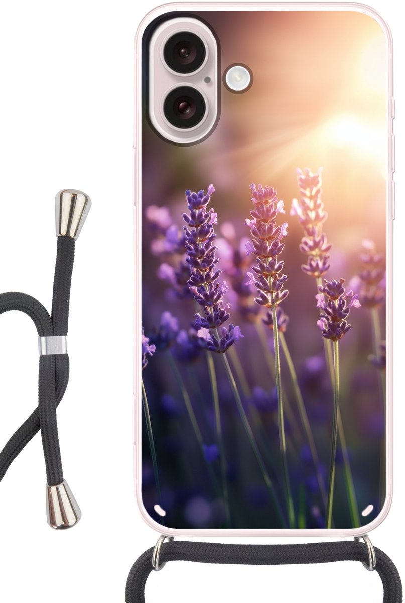 Telefoonhoesje Geschikt voor iPhone 16 - Lavendelbloemen - Paars - Zonlicht - Siliconen - Crossbody - Backcover met Koord - Telefoonhoesje met koord - Hoesje met touw Telefoonhoesje