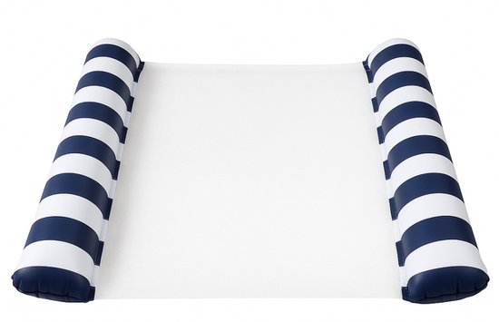 Hamac aquatique blanc avec bords gonflables rayés bleu et blanc, sur fond blanc.