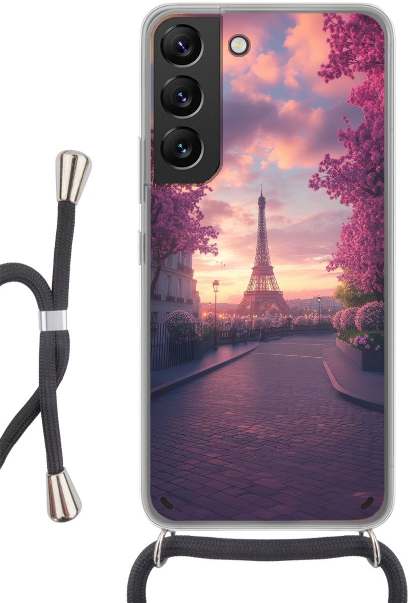 Telefoonhoesje Geschikt voor Samsung Galaxy S22 - Eiffeltoren - Parijs - Roze - Siliconen - Crossbody - Backcover met Koord - Telefoonhoesje met koord - Hoesje met touw Telefoonhoesje