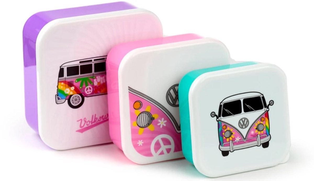 NTB - Lunchbox - Broodtrommel - Snackdoos - Fruitdoos - Set a 3 stuks!! - Volkswagen Camper print.