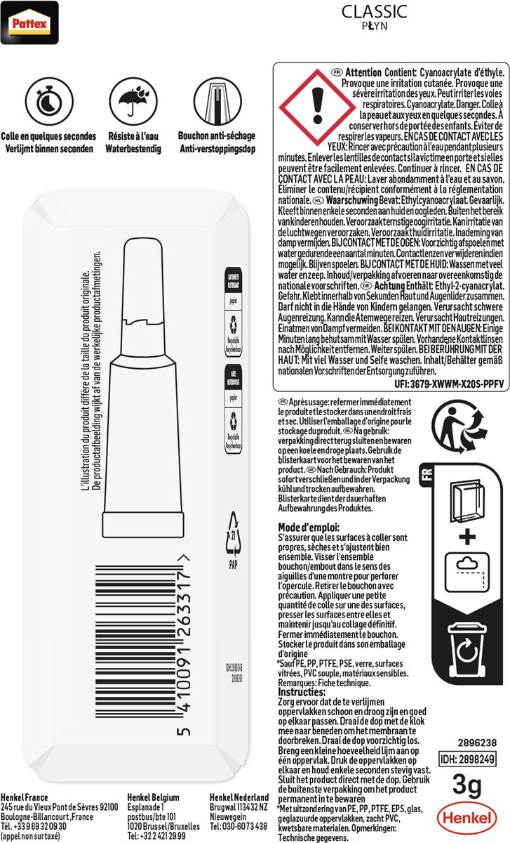 Pattex Classic 3 g Extra sterke Superlijm voor Rubber, Metaal, Glas, Kunststof, Keramiek, Hout, Leder, Porselein & Meer - Secondelijm - Super Glue — cadeau in Cadeau-ideeën - foto 3