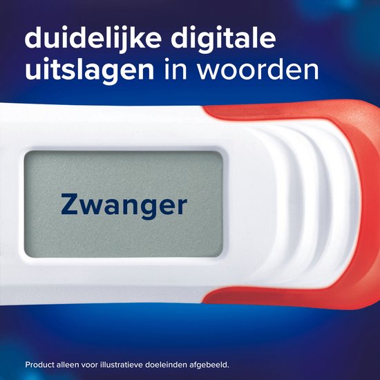 Witte digitale zwangerschapstest met rode accenten. Het scherm toont 'Zwanger' met de tekst "duidelijke digitale uitslagen in woorden" erboven.