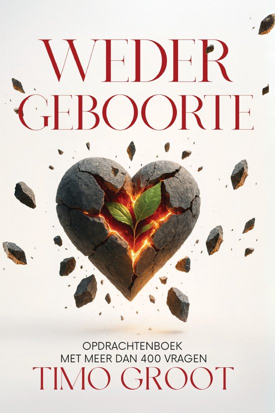 Boek 'Wedergeboorte' met een gebroken stenen hart met gloeiende kern en een groen plantje, met steentjes eromheen.