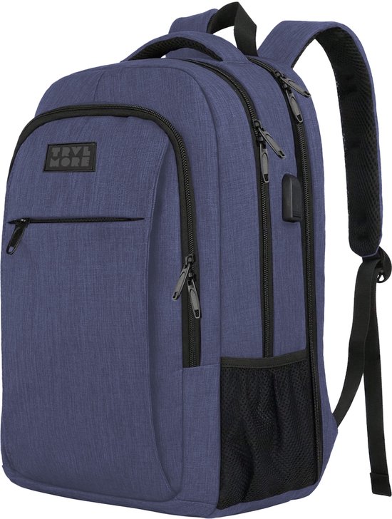 TRVLMORE Rugtas - 36L - 17,3 Inch - Laptop Rugzak met USB - Schooltas - Heren en Dames - Tas - Levenslange Garantie - Blauw