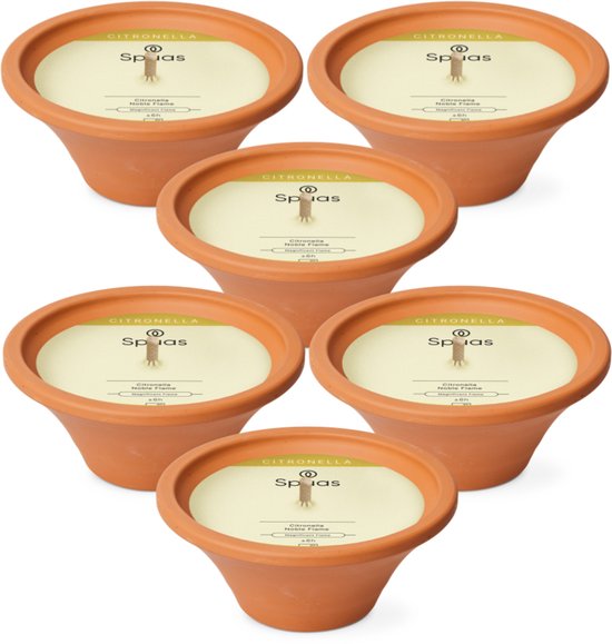 Spaas Kaarsen - Buitenkaars Citronella in Terracotta Schaal - Tuinkaars diameter 15cm - 6 uur - 6 stuks