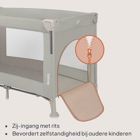 Grijze reiswieg met zij-ingang met rits en een luik naar beneden.