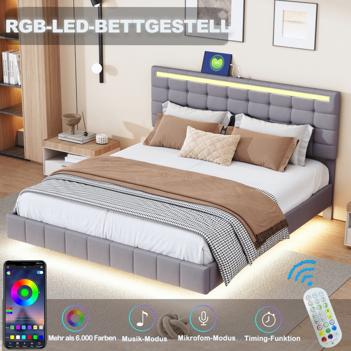 Zwevend bed met LED-verlichting en 2 USB-oplaadfuncties, gestoffeerd bed 160x200 cm, tweepersoonsbed met lattenbodem en verstelbaar hoofdeinde, linnen, grijs