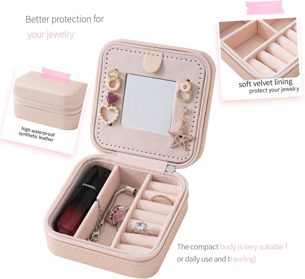 BOTC Sieradendoos - Sieraden Organiser met Spiegel - Cadeau voor Vrouwen en Meisjes - Roze — cadeau in Sieraden - foto 4