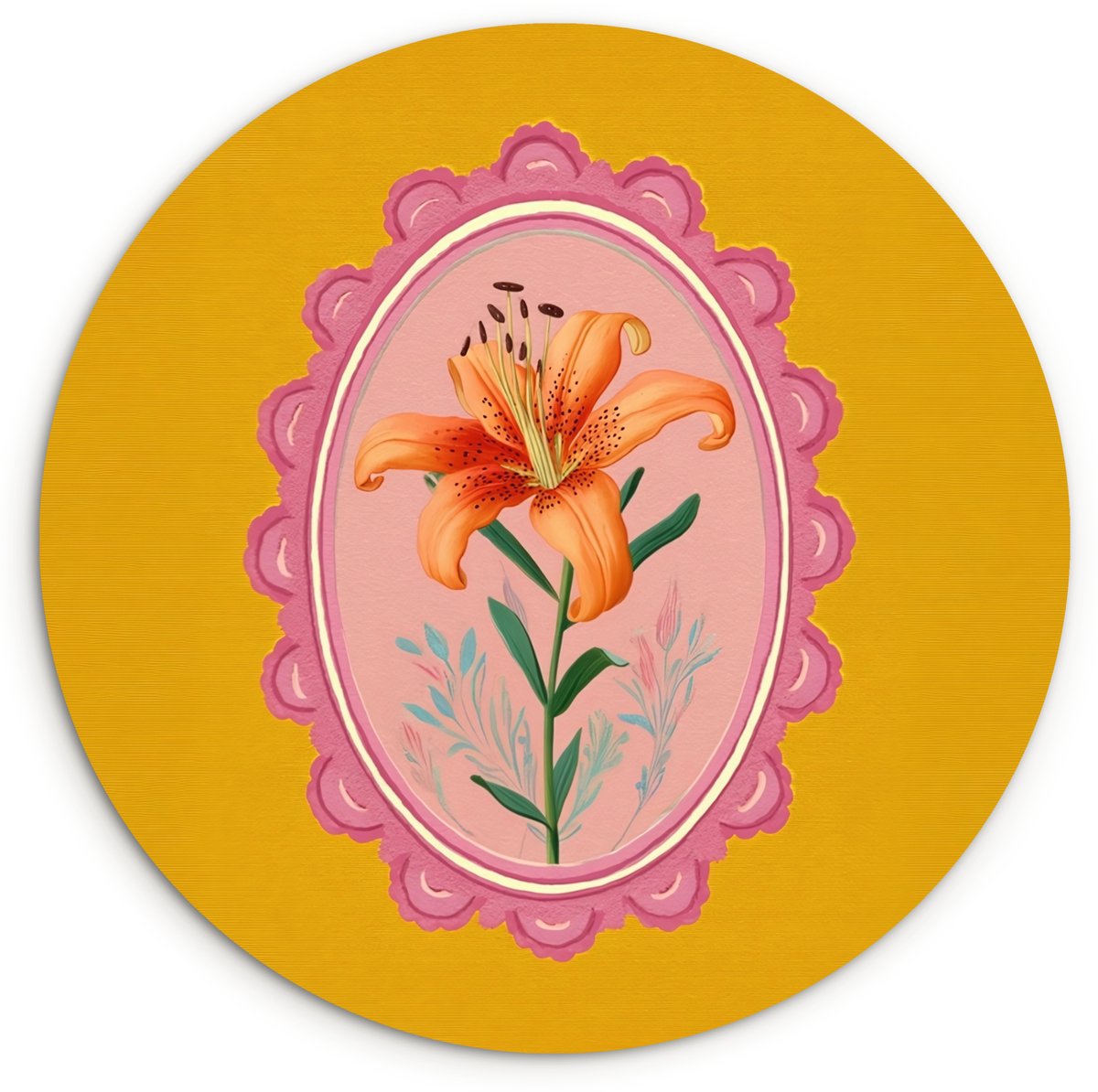 WallCircle Wandcirkel 30x30 cm - Muurcirkel Lelie - Oranje - Lijst - Ovaal - Muurdecoratie woonkamer - Wanddecoratie slaapkamer - Kamer decoratie accessoires - Ronde schilderijen Lelie - Lijst