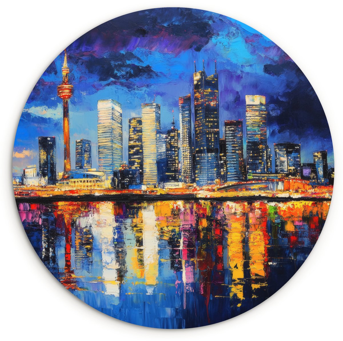 WallCircle Wandcirkel 140x140 cm - Muurcirkel Skyline Toronto - Modern - Stadslicht - Blauw - Muurdecoratie woonkamer - Wanddecoratie slaapkamer - Kamer decoratie accessoires - Ronde schilderijen Skyline - Modern