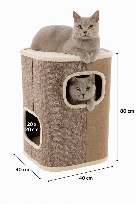 Krabton voor katten – Krabton George Beige & Naturel & Lichtbruin M – 40x40x80 cm – luxe krabmeubel met 2 verdiepingen – Flamingo
