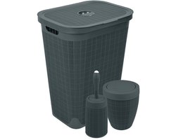Set 'Hessian' - Wasmand 60 liter - Toiletborstel doseersysteem - Prullenbak swingdeksel - Antraciet