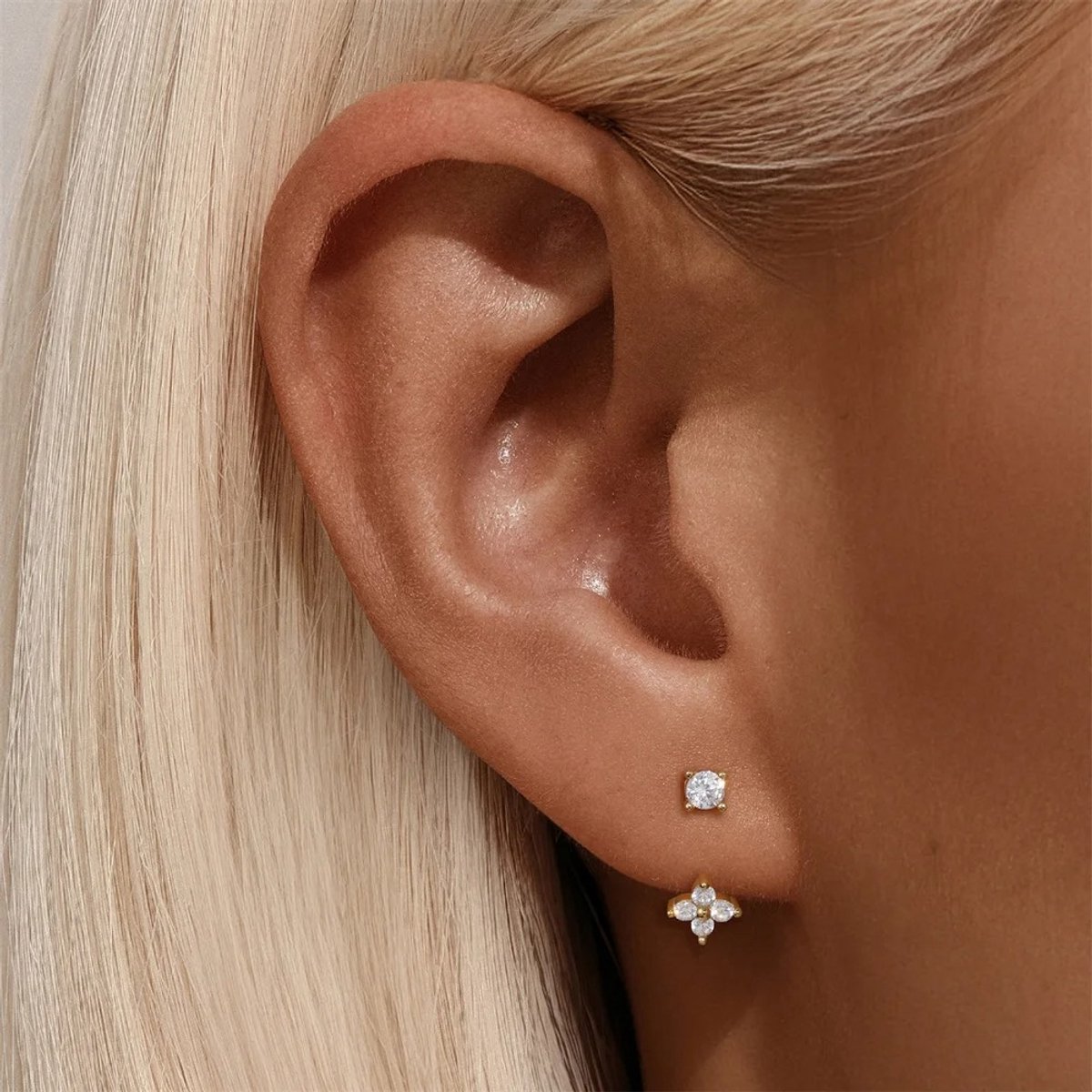 Bloem Modulaire Oorbellen Set met Zirkonia Stenen - 18K Verguld Dames Oorbellen - 925 Sterling Zilver - Dames Sieraden
