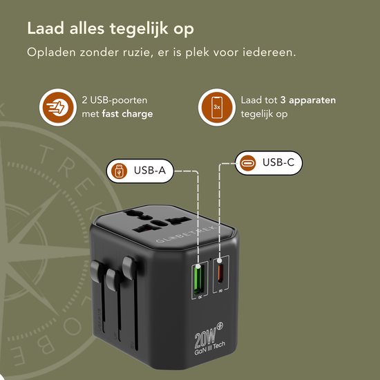 GlobeTrek® Reisstekker - Wereldstekkers - Fast Charging - Universele Wereldstekker - USB-C USB-A snel laadpoorten - 170+ landen: Engeland (UK), Amerika (USA), Australië, Japan, Zuid Amerika, Azië, Thailand, Afrika, Europa - Snellader - Reisadapter