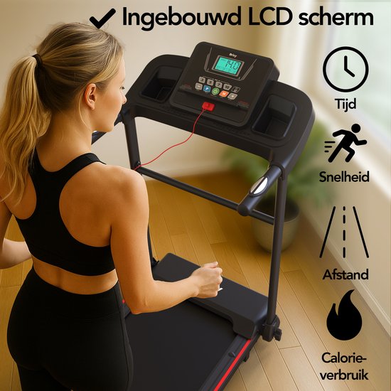 Vrouw op een zwarte loopband met ingebouwd LCD-scherm en de tekst "Ingebouwd LCD scherm".