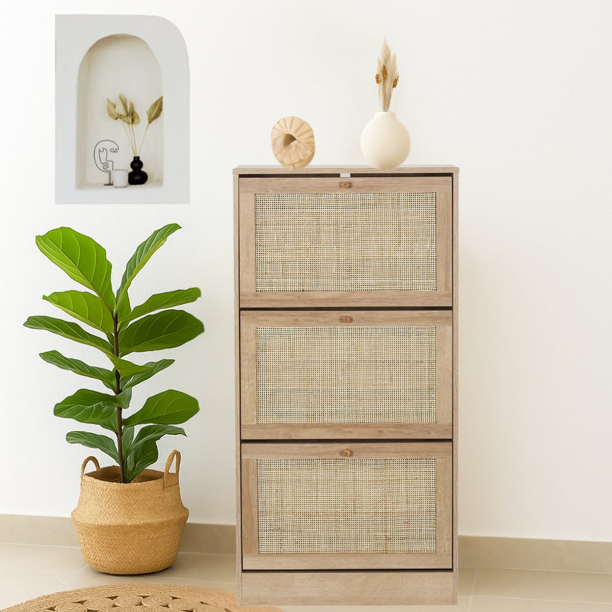 MISOU Bali Schoenenkast - met 3 Lades - Schoenen - Opbergsysteem - Rotan - Bruin - Hout - Schoenenrek - Hal organizer - 12 paar