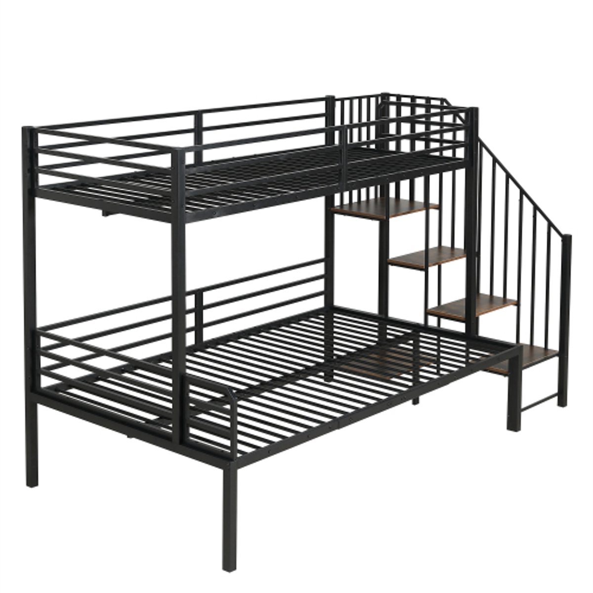 GOTAGEE IJzeren bed, stapelbed 90x200cm+120x200cm, geschikt voor kinderen en tieners, hoekladderkast met opbergruimte, ijzer+MDF, zwart