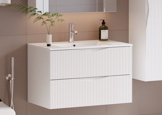 Meubel Square - Badkamermeubel set Morae 80cm - Wit - Badmeubel met wastafel - Wastafelkast Zwevend