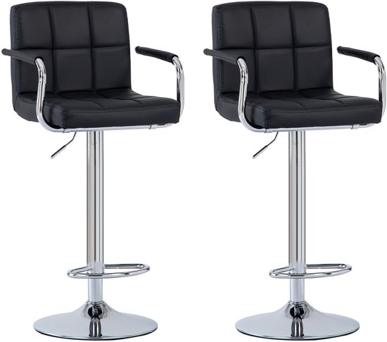 Tabouret de bar FOXSPORT - 2 pièces - chaise de bar - hauteur réglable 20 cm - avec dossier, repose-pieds et accoudoir - Chaises de bar pivotantes - Rotation à 360° - tabouret de bistrot - Zwart - Set de 2