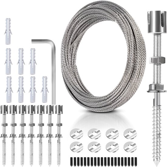 Kit de câbles de support pour plantes grimpantes en acier inoxydable de 12 m – Câble de 3 mm – Fil d'acier – avec 8 supports en acier inoxydable – Système professionnel pour cordes de tente, cordes à linge et Éclairage extérieur