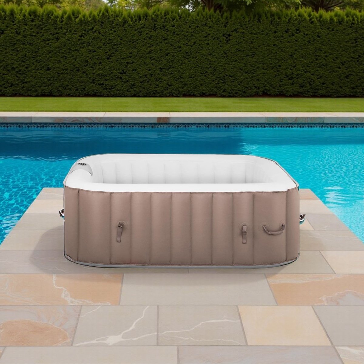 Luxe Opblaasbare Whirlpool 6-Persoons – 130 Sproeiers – 900L – Vierkant – LED Display – Verwarming tot 42°C – Beige/Wit - Medahomestore