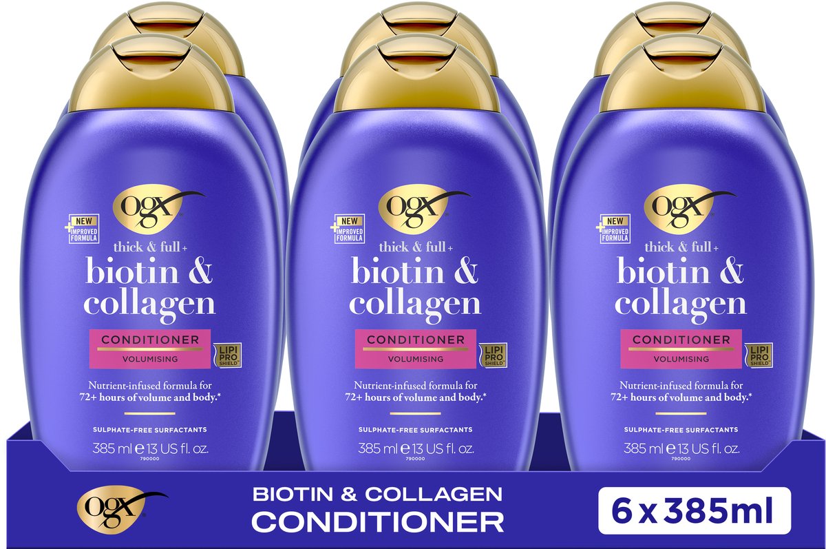 OGX Volumizing Conditioner Biotine & Collageen, Sulfaatvrij, 72+ uur Volume, Voor Dikker, Voller en Gezond Haar, 6x385ml