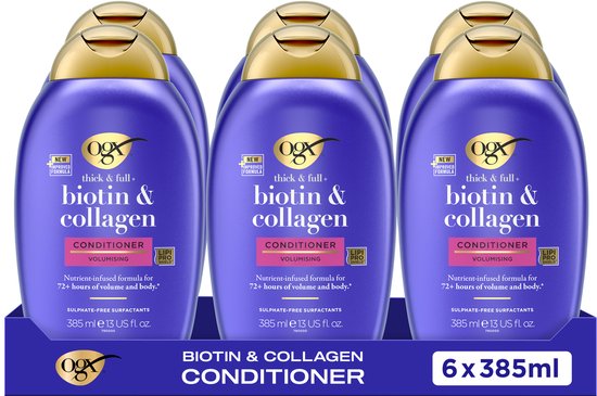 OGX Volumizing Conditioner Biotine & Collageen, Sulfaatvrij, 72+ uur Volume, Voor Dikker, Voller en Gezond Haar, 6x385ml